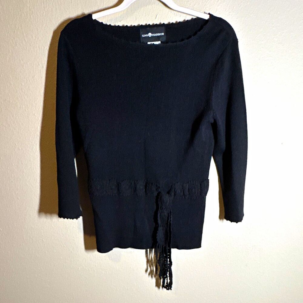 Sag Harbor Women’s Black Knit Boat Neck Fringe Hem Lightweight Pullover S